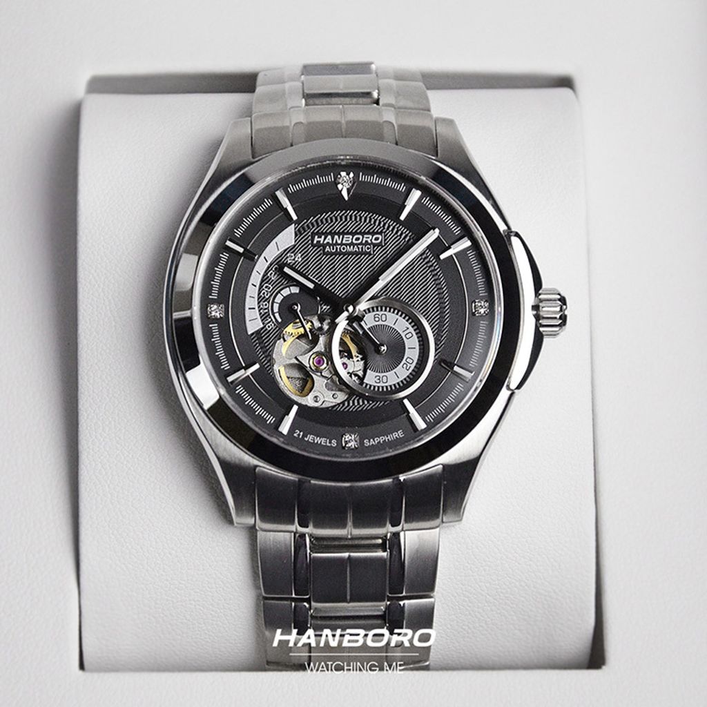 HANBORO | 騎士系列 88059-5SBS | 潮流鏤空 黑色錶面 夜光機械錶 不鏽鋼錶帶 實體正面