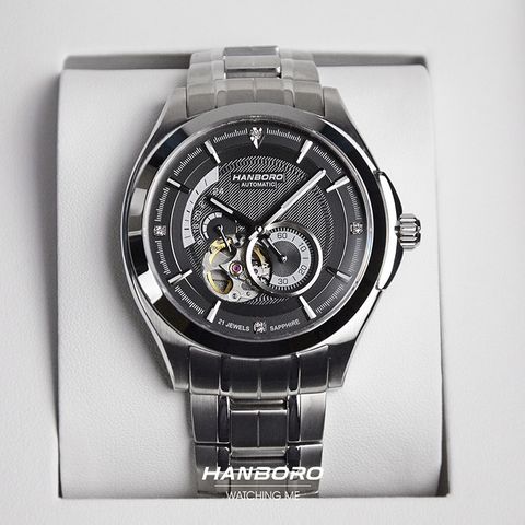 HANBORO | 騎士系列 88059-5SBS | 潮流鏤空 黑色錶面 夜光機械錶 不鏽鋼錶帶 實體正面