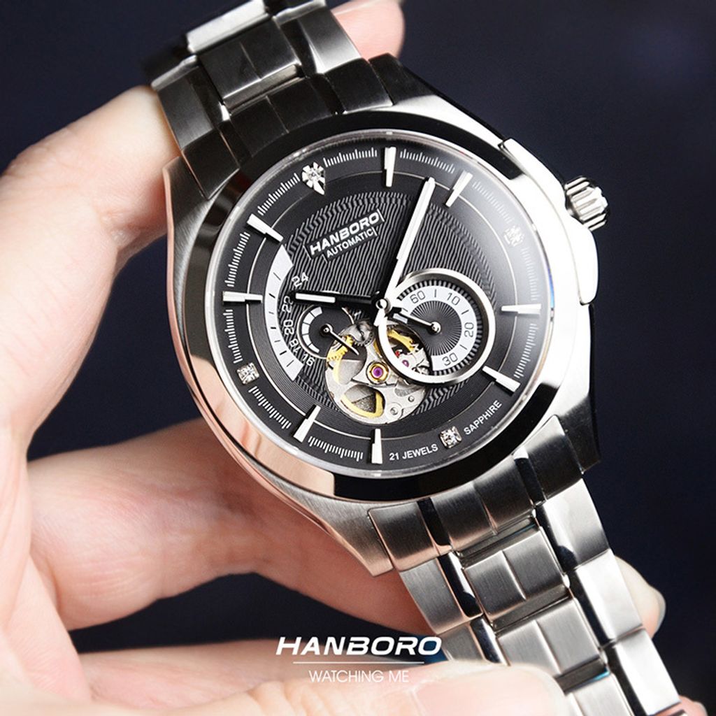 HANBORO | 騎士系列 88059-5SBS | 潮流鏤空 黑色錶面 夜光機械錶 不鏽鋼錶帶 實體錶面細節