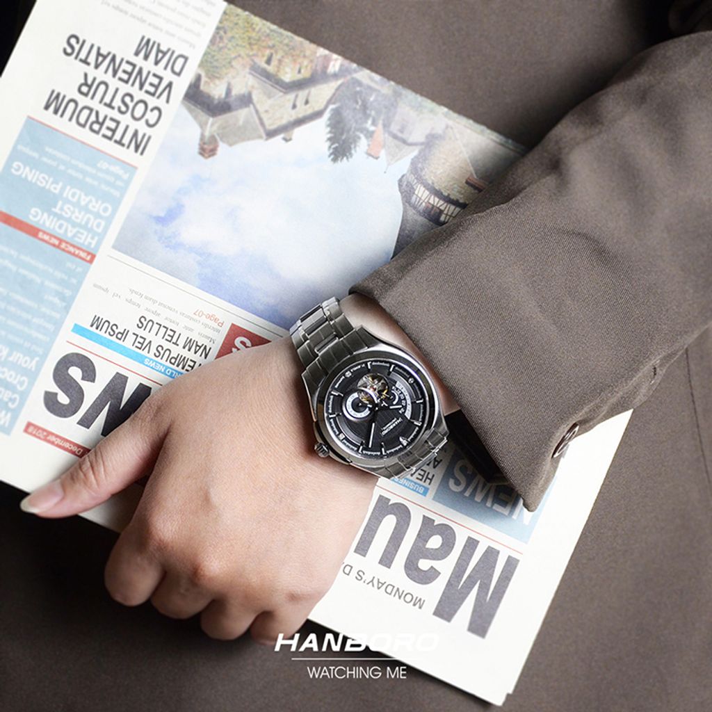 HANBORO | 騎士系列 88059-5SBS | 潮流鏤空 黑色錶面 夜光機械錶 不鏽鋼錶帶 實戴展示