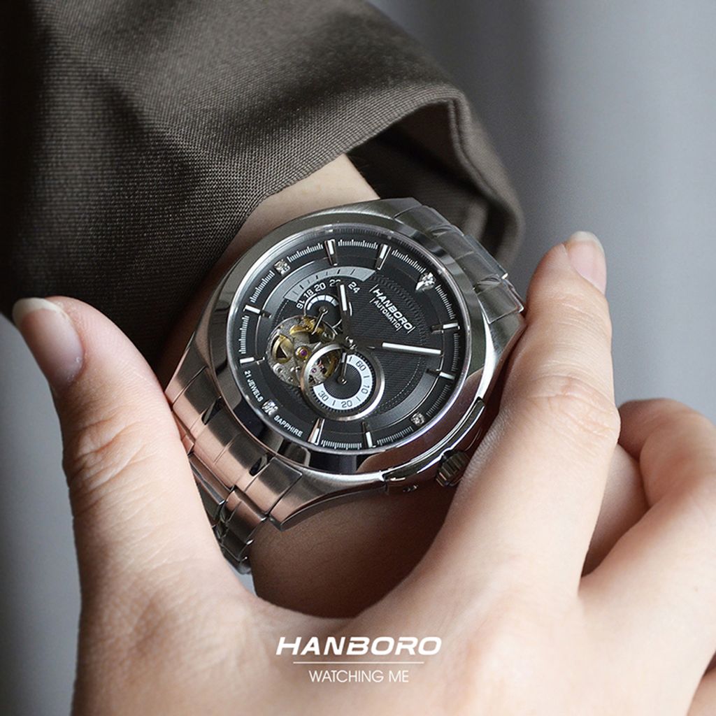 HANBORO | 騎士系列 88059-5SBS | 潮流鏤空 黑色錶面 夜光機械錶 不鏽鋼錶帶 實戴細節展示