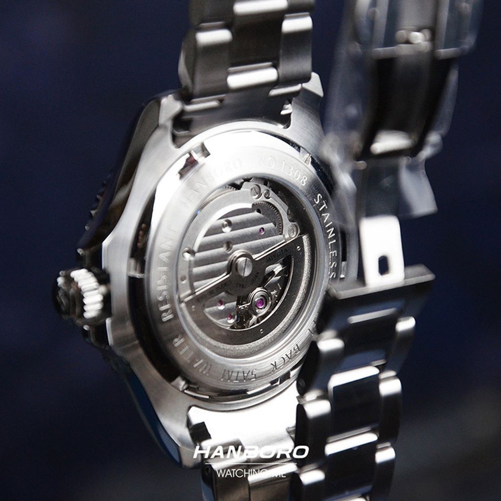 HANBORO | 1308-B | 海洋之星 黑色錶面 銀色錶身潛水錶 機械錶 背面細節展示