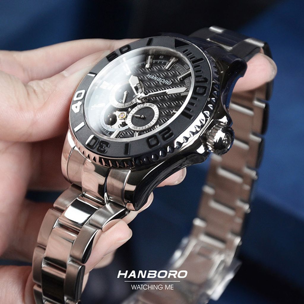 HANBORO | 1308-B | 海洋之星 黑色錶面 銀色錶身潛水錶 機械錶 實體側面細節