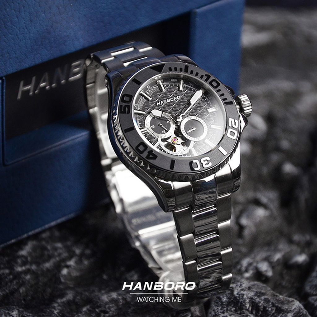 HANBORO | 1308-B | 海洋之星 黑色錶面 銀色錶身潛水錶 機械錶 左面展示