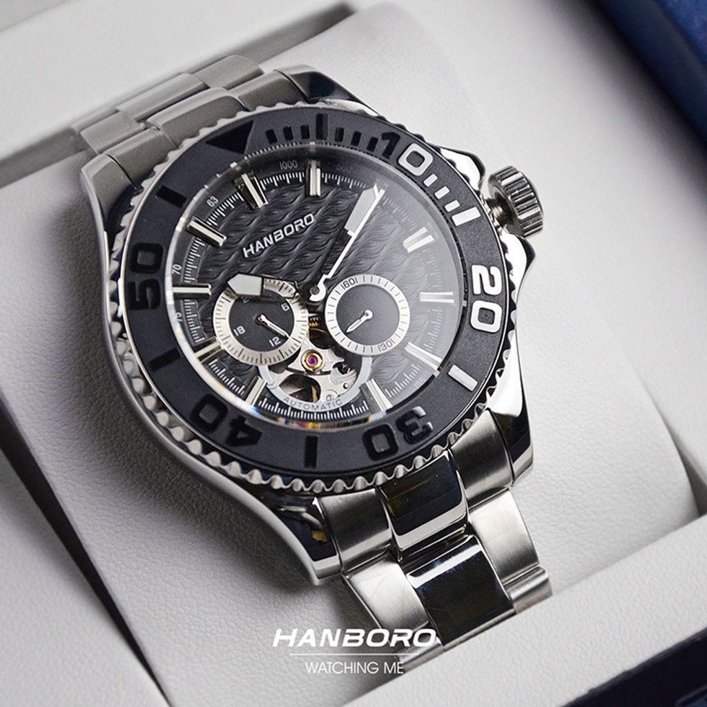 HANBORO | 1308-B | 海洋之星 黑色錶面 銀色錶身潛水錶 機械錶 錶面細節