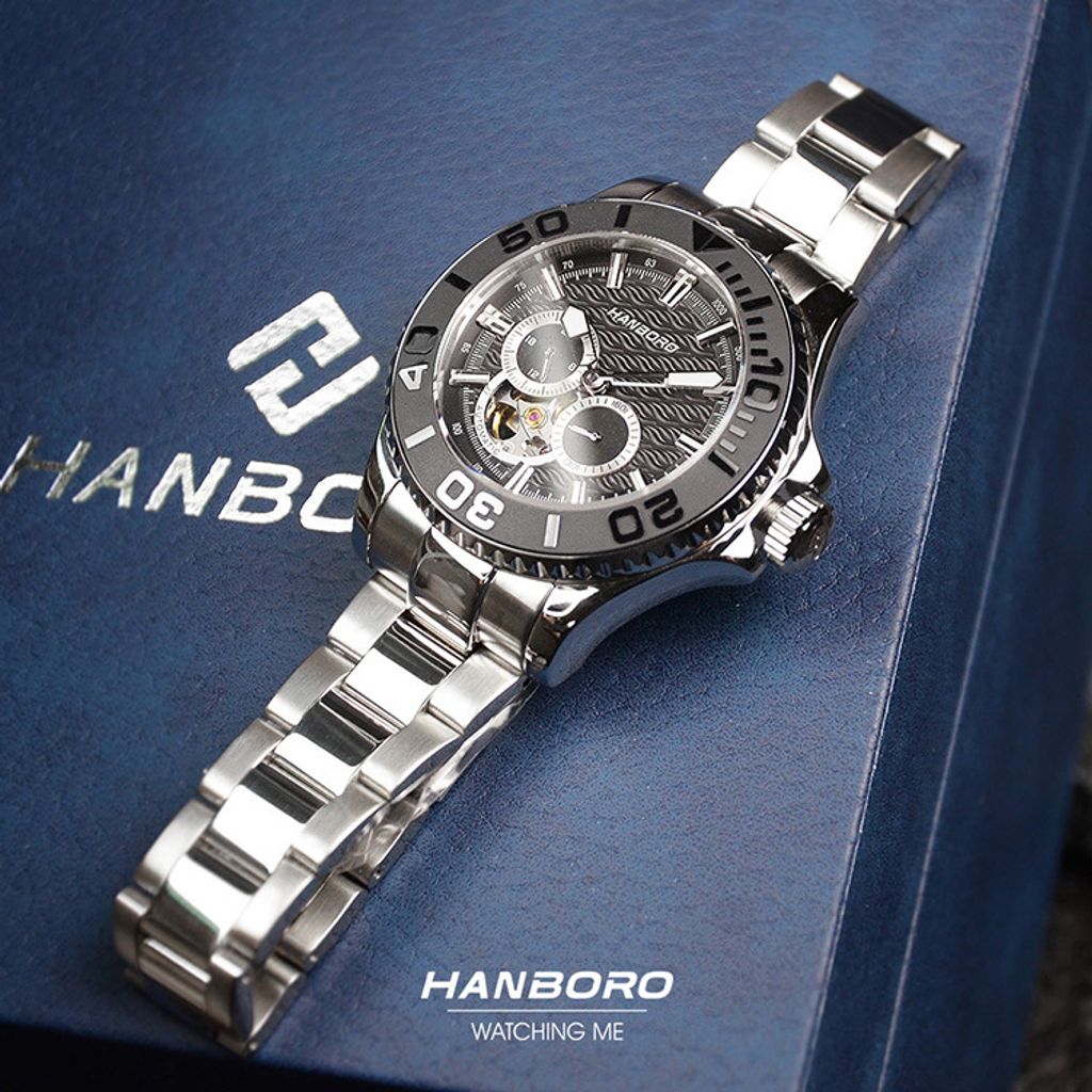 HANBORO | 1308-B | 海洋之星 黑色錶面 銀色錶身潛水錶 機械錶 實體側面展示