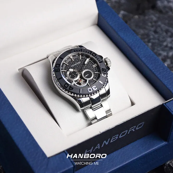 HANBORO | 1308-B | 海洋之星 黑色錶面 銀色錶身潛水錶 機械錶 盒裝展示
