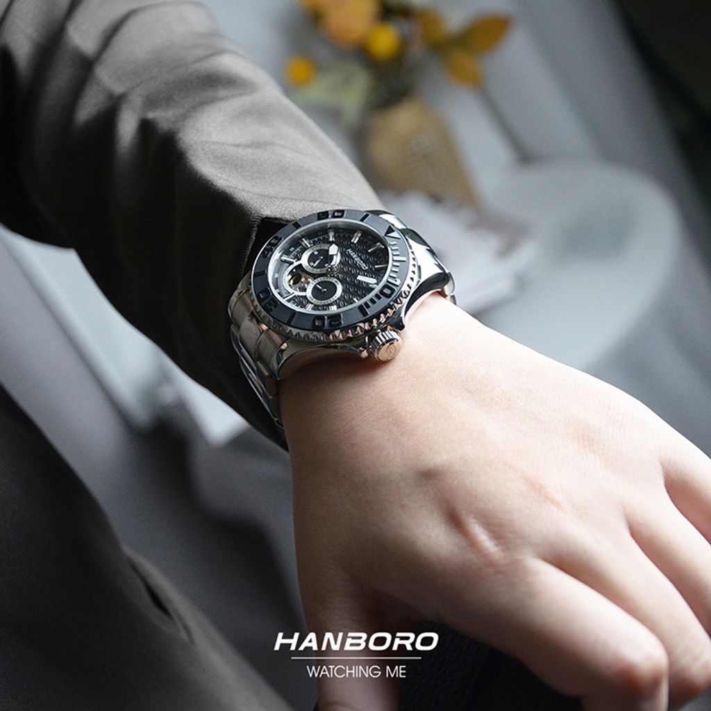 HANBORO | 1308-B | 海洋之星 黑色錶面 銀色錶身潛水錶 機械錶 實戴展示