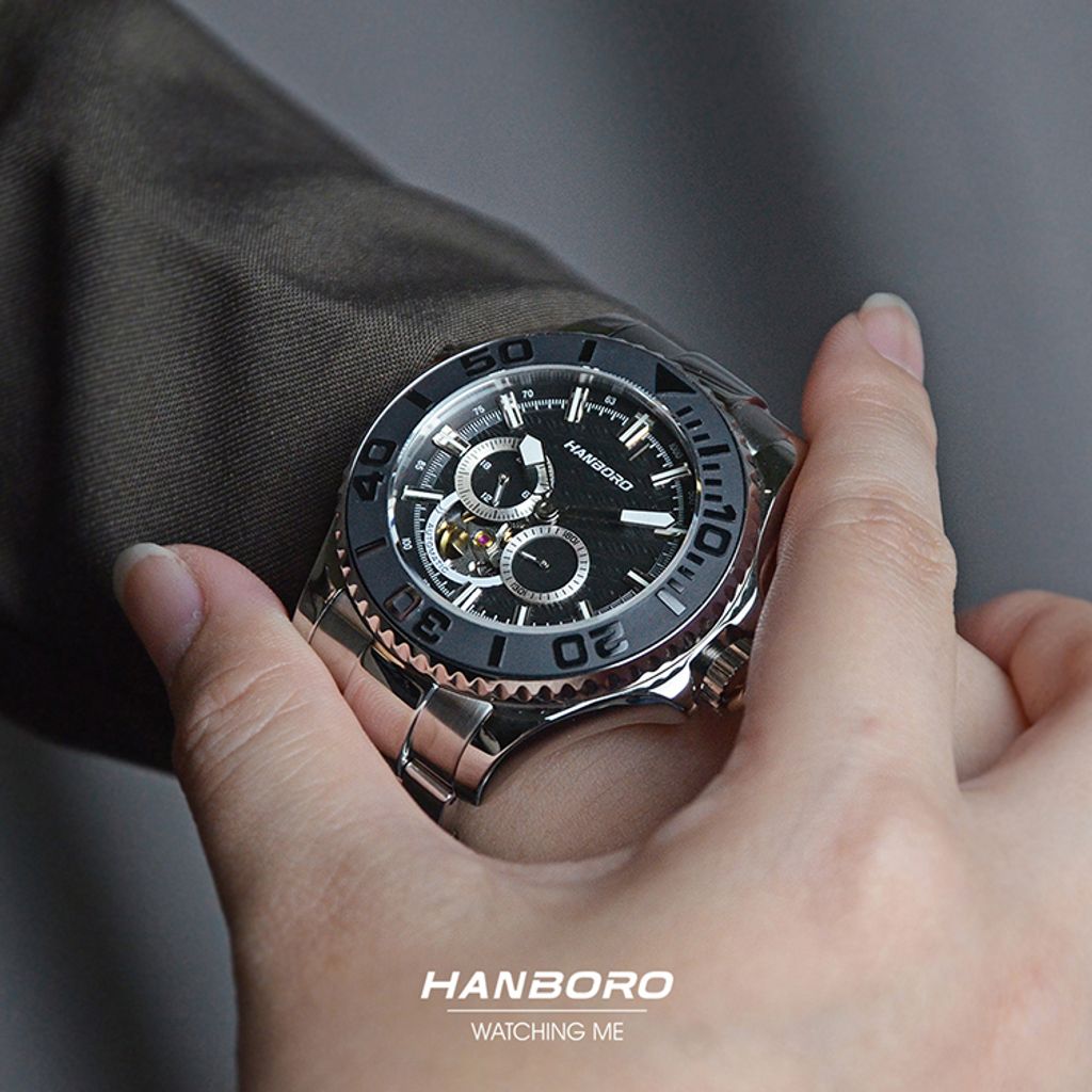 HANBORO | 1308-B | 海洋之星 黑色錶面 銀色錶身潛水錶 機械錶 實帶細節展示