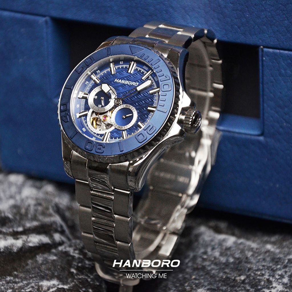 HANBORO | 1308-N | 海洋之星 深藍色錶面 銀色錶身潛水錶 機械錶 實體右側展示