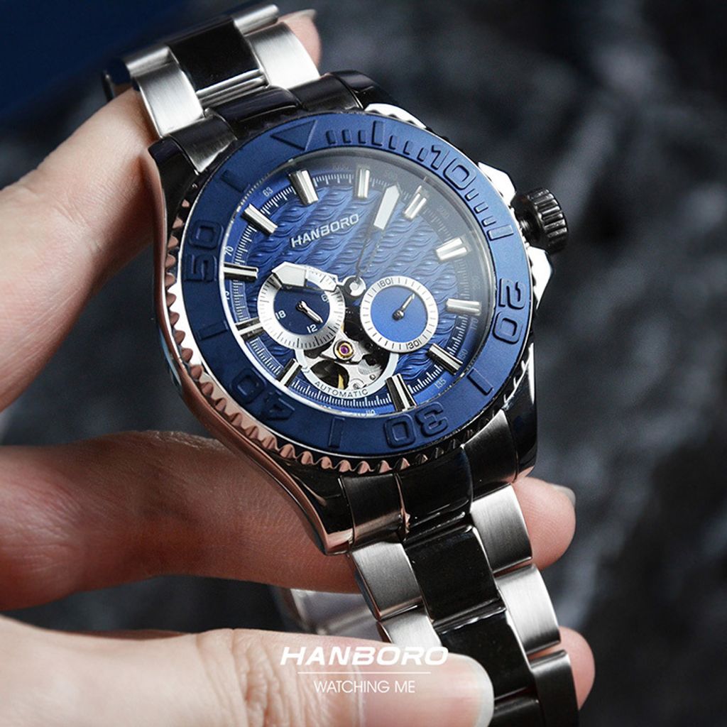 HANBORO | 1308-N | 海洋之星 深藍色錶面 銀色錶身潛水錶 機械錶 錶面細節