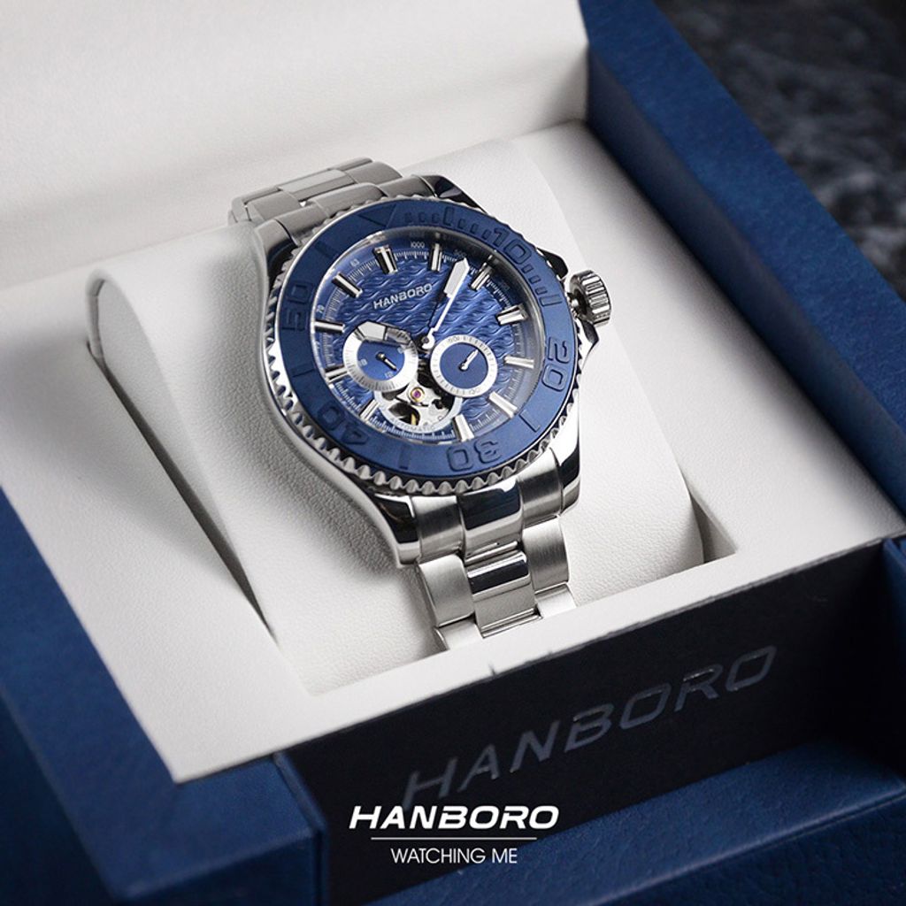 HANBORO | 1308-N | 海洋之星 深藍色錶面 銀色錶身潛水錶 機械錶 盒裝展示