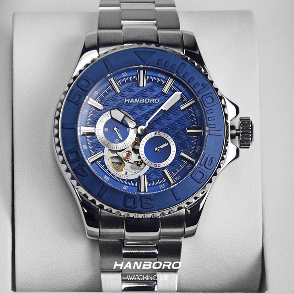 HANBORO | 1308-N | 海洋之星 深藍色錶面 銀色錶身潛水錶 機械錶 實體正面