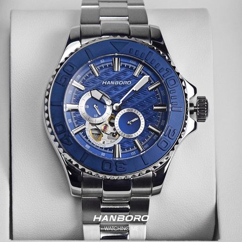 HANBORO | 1308-N | 海洋之星 深藍色錶面 銀色錶身潛水錶 機械錶 實體正面