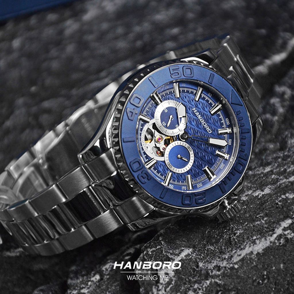 HANBORO | 1308-N | 海洋之星 深藍色錶面 銀色錶身潛水錶 機械錶 側邊展示