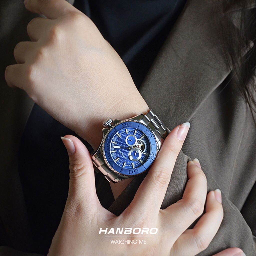 HANBORO | 1308-N | 海洋之星 深藍色錶面 銀色錶身潛水錶 機械錶 實戴細節展示