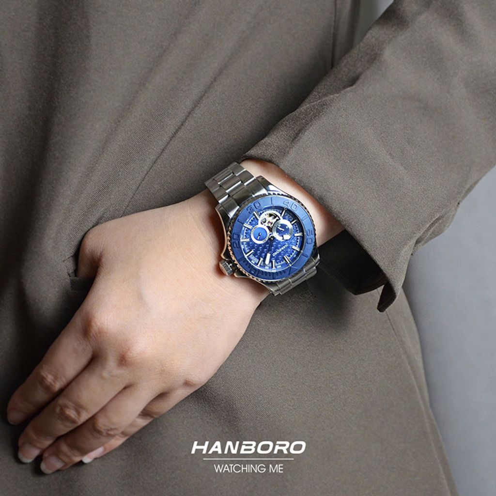 HANBORO | 1308-N | 海洋之星 深藍色錶面 銀色錶身潛水錶 機械錶 實戴展示