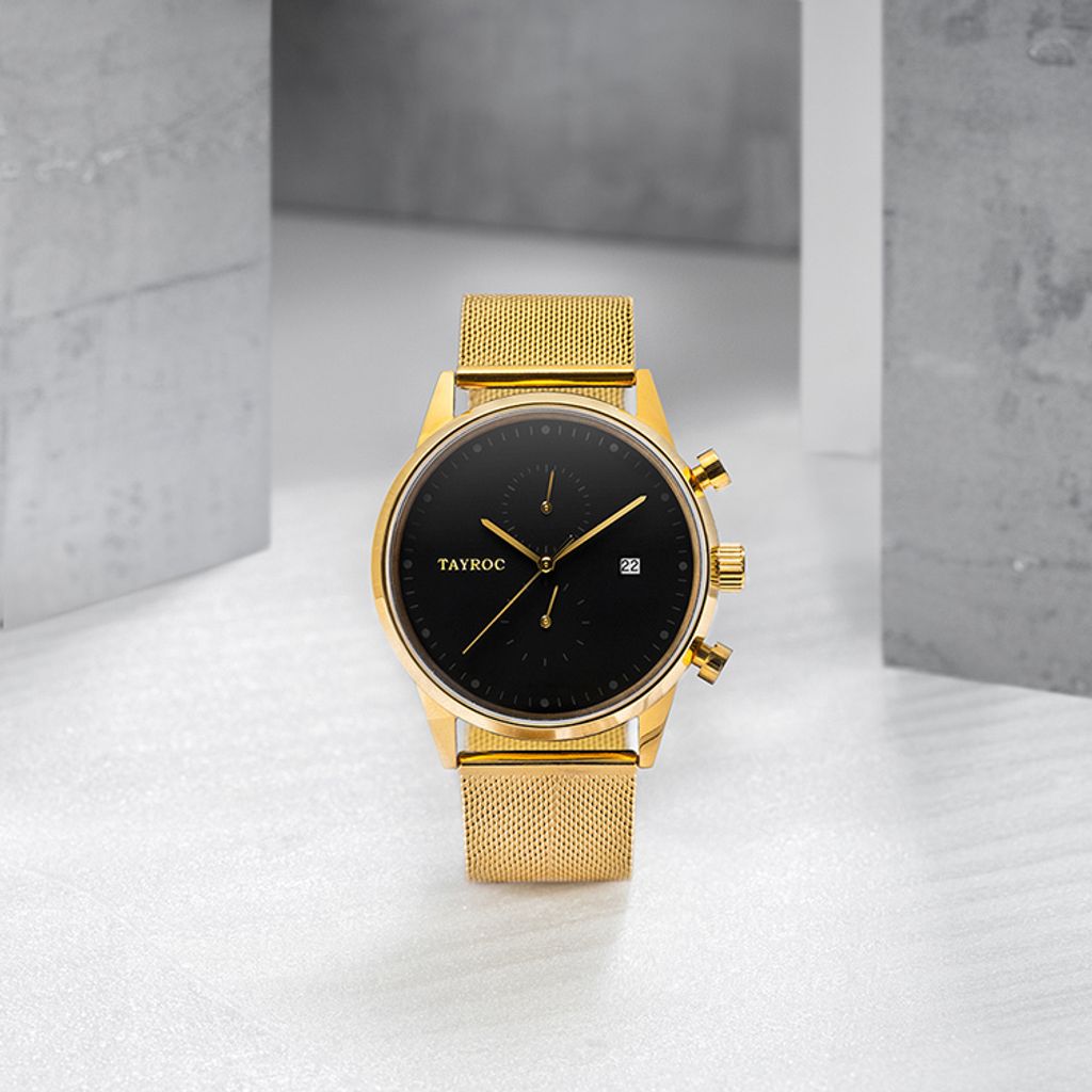 TAYROC | Boundless系列 TXM090 | 英國設計師品牌手錶 黑面金色錶身 米蘭帶 正面實體