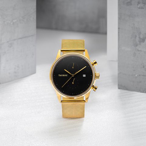 TAYROC | Boundless系列 TXM090 | 英國設計師品牌手錶 黑面金色錶身 米蘭帶 正面實體