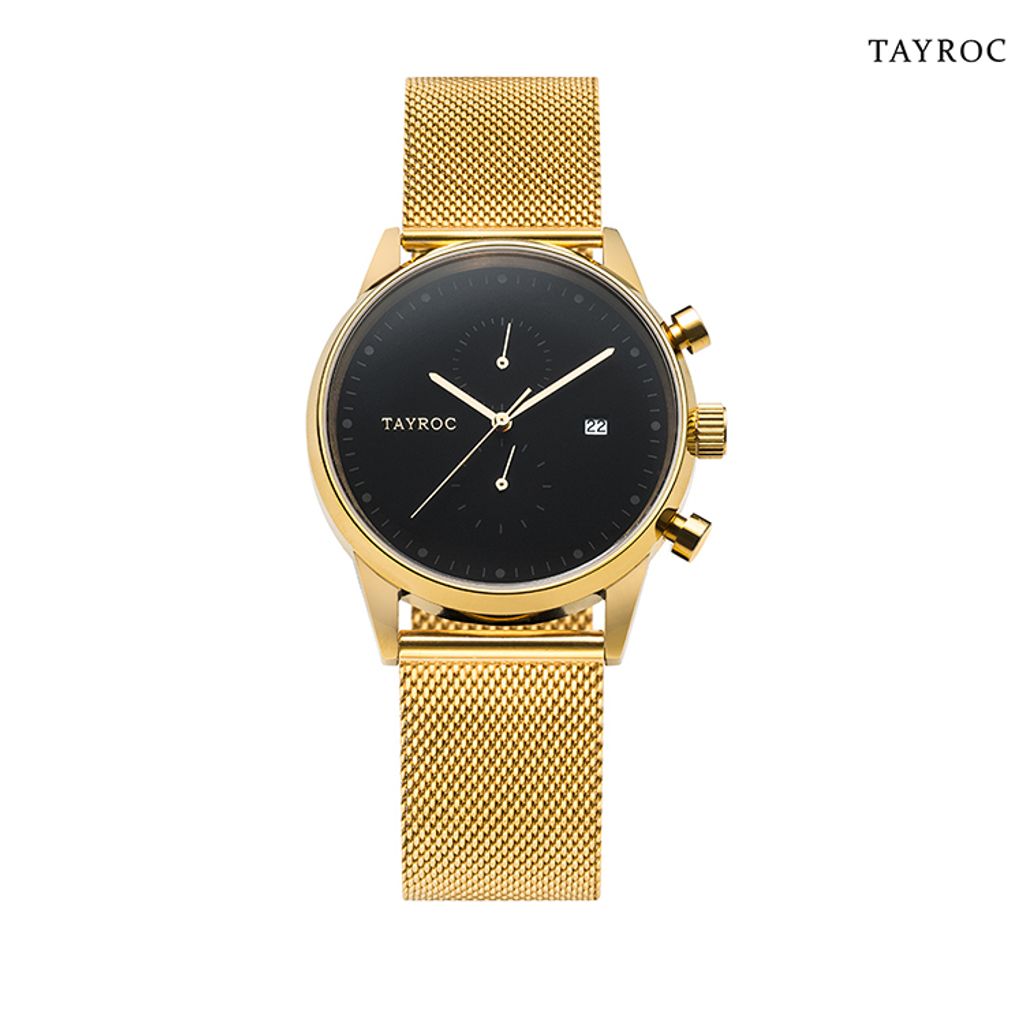 TAYROC | Boundless系列 TXM090 | 英國設計師品牌手錶 黑面金色錶身 米蘭帶 正面