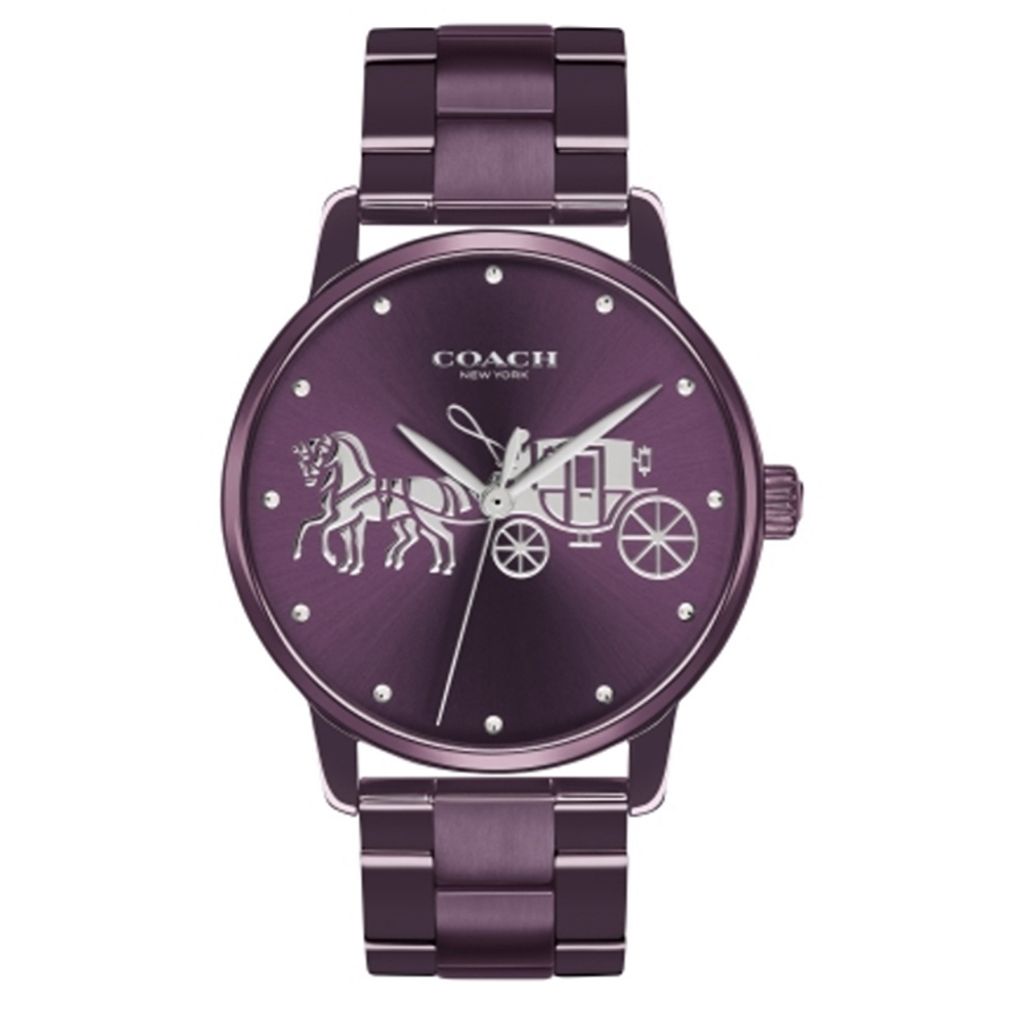 【贈質感包包】COACH手錶 | 14502923 | 紫色系經典小馬車不鏽鋼錶帶女錶 正面