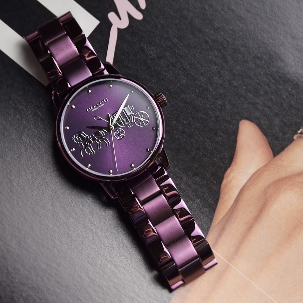 【贈質感包包】COACH手錶 | 14502923 | 紫色系經典小馬車不鏽鋼錶帶女錶 實體俯視
