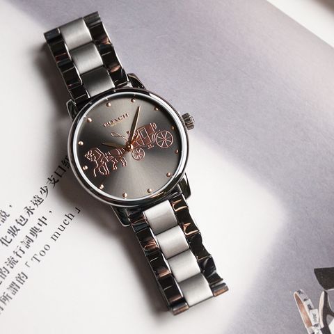 【贈質感包包】COACH手錶 | 14502924 | 灰色系經典小馬車不鏽鋼錶帶女錶 平攤展示