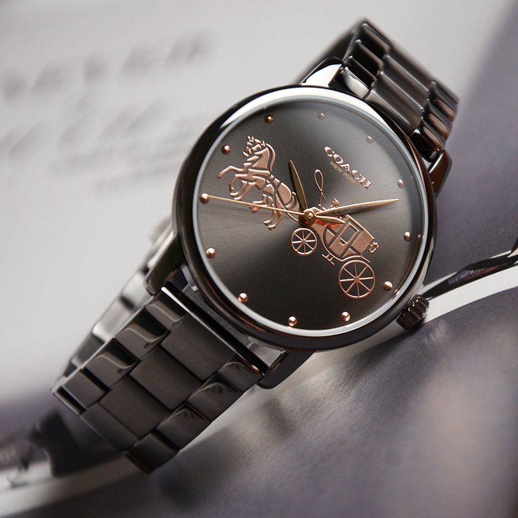 【贈質感包包】COACH手錶 | 14502924 | 灰色系經典小馬車不鏽鋼錶帶女錶 側面