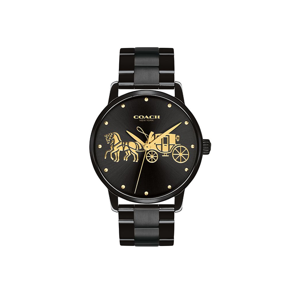 【贈質感包包】COACH手錶 | 14502925 | 黑色系經典小馬車不鏽鋼錶帶女錶 正面