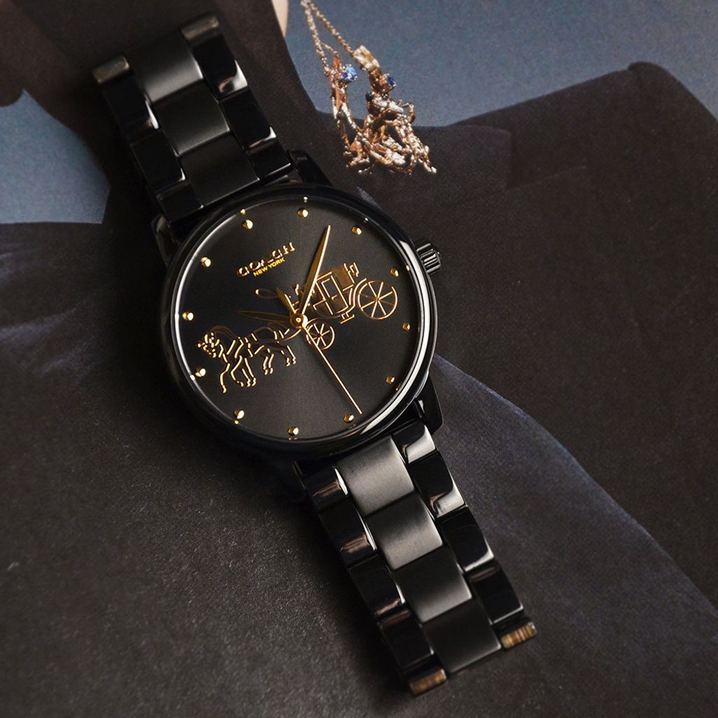 【贈質感包包】COACH手錶 | 14502925 | 黑色系經典小馬車不鏽鋼錶帶女錶 左側