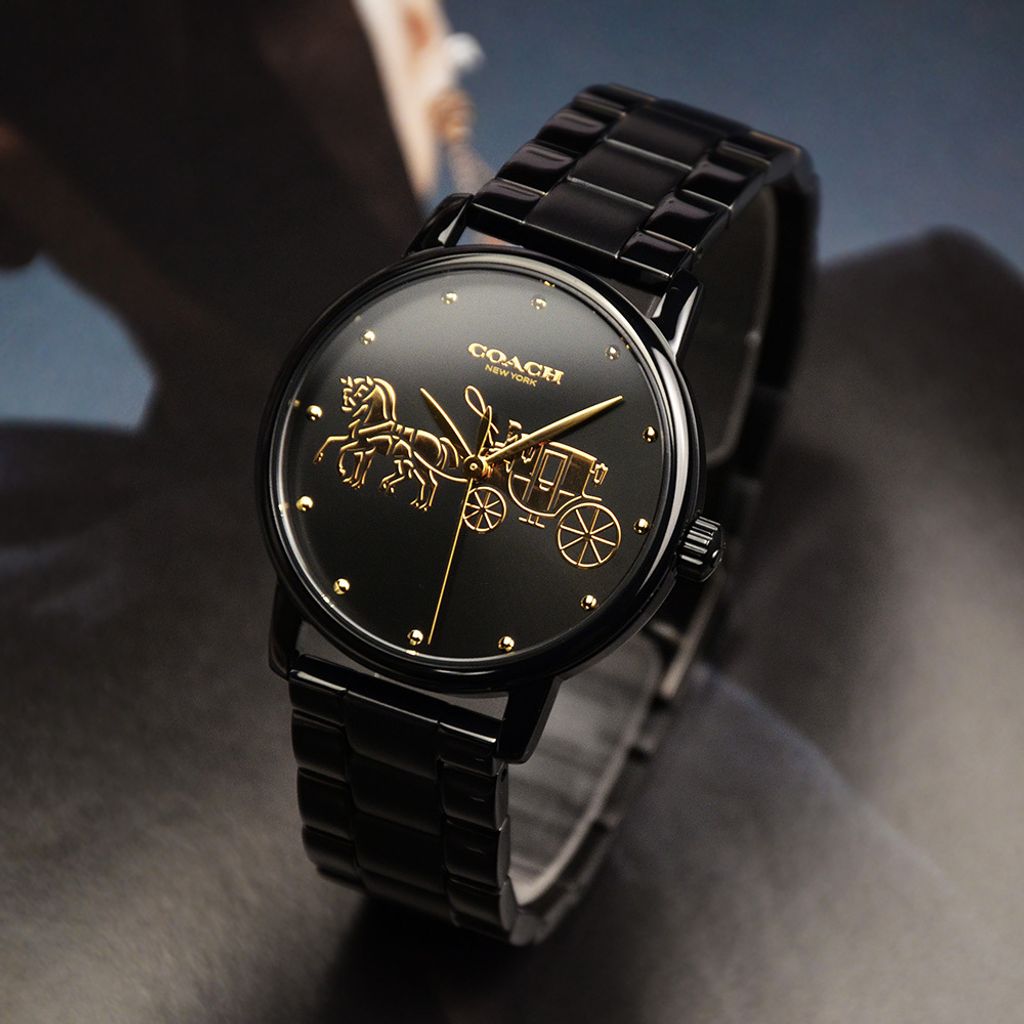 【贈質感包包】COACH手錶 | 14502925 | 黑色系經典小馬車不鏽鋼錶帶女錶 正面