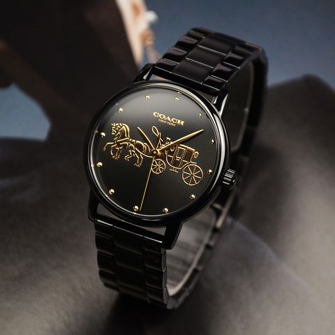 【贈質感包包】COACH手錶 | 14502925 | 黑色系經典小馬車不鏽鋼錶帶女錶 正面
