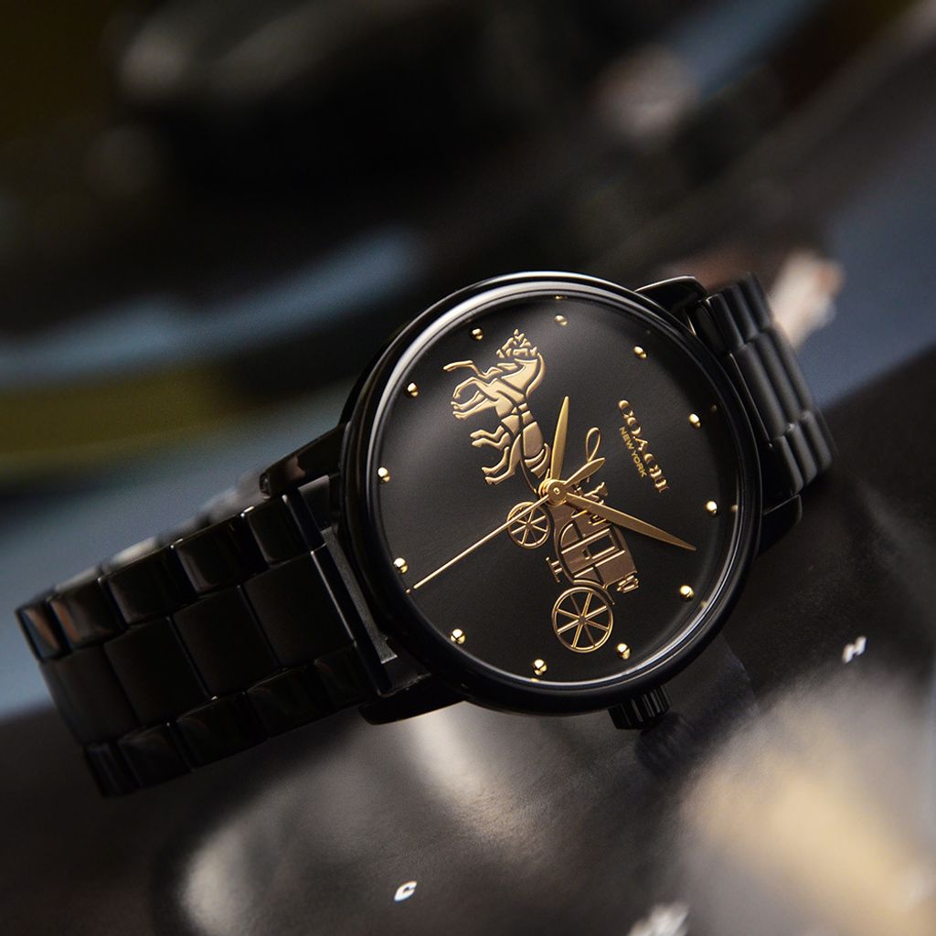 【贈質感包包】COACH手錶 | 14502925 | 黑色系經典小馬車不鏽鋼錶帶女錶 平攤展示