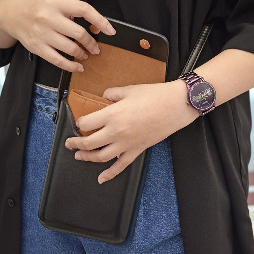 【贈質感包包】COACH手錶 | 14502923 | 紫色系經典小馬車不鏽鋼錶帶女錶 包包實戴展示