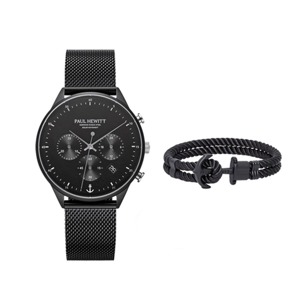 Paul Hewitt | PH-SET-0384-L | 黑鋼三眼光動能計時碼錶米蘭帶 & 船錨海洋鋼皮革手環 正面