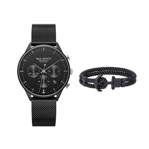 Paul Hewitt | PH-SET-0384-L | 黑鋼三眼光動能計時碼錶米蘭帶 & 船錨海洋鋼皮革手環 正面