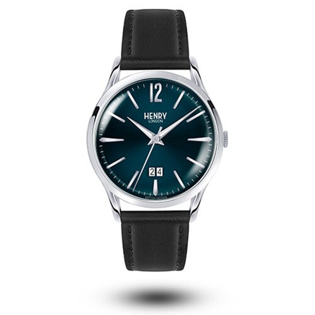 【贈質感包包】HENRY LONDON | HL41-JS-0035 | 午夜藍面黑色真皮革錶 正面