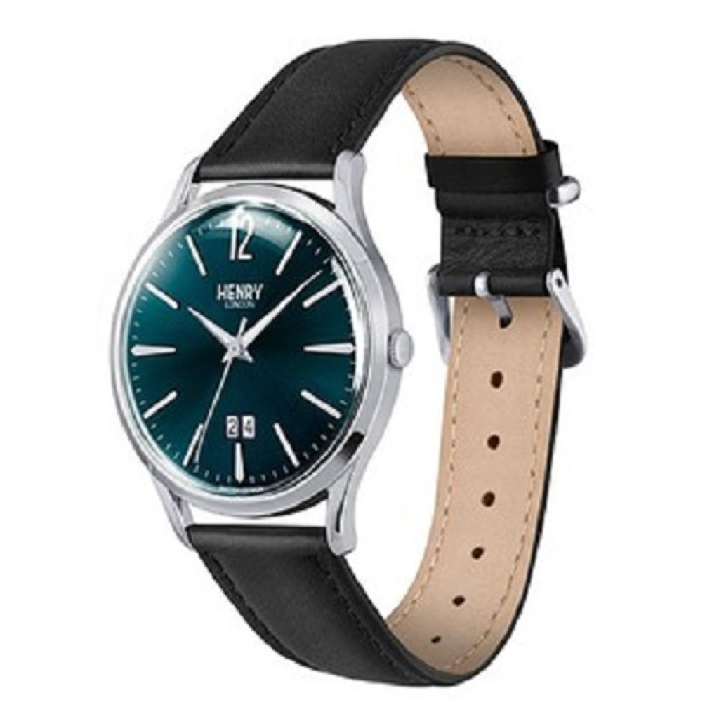 【贈質感包包】HENRY LONDON | HL41-JS-0035 | 午夜藍面黑色真皮革錶 側面