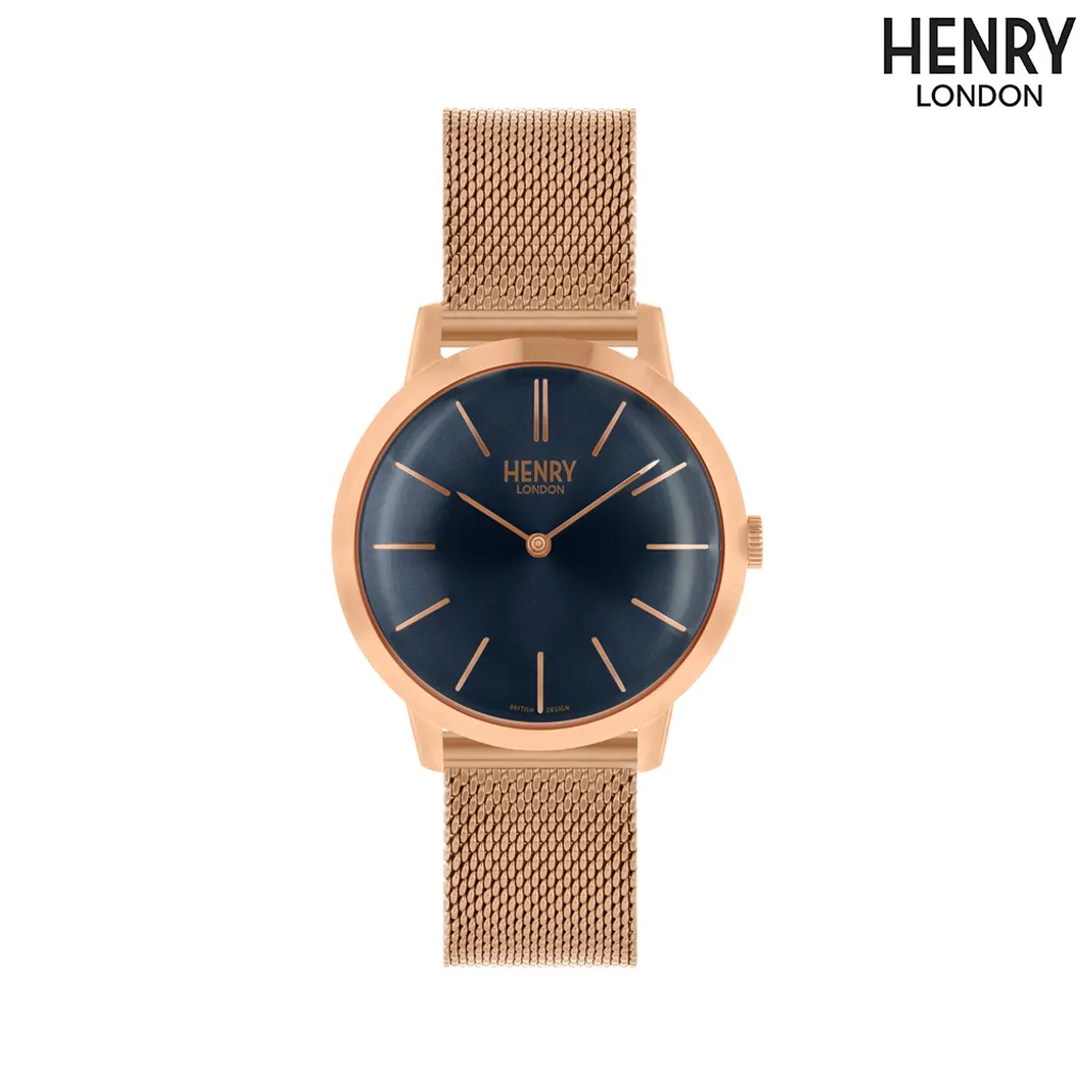 【贈質感包包】HENRY LONDON | HL34-M-0292 | 玫瑰金殼藍面米蘭帶 腕錶 正面
