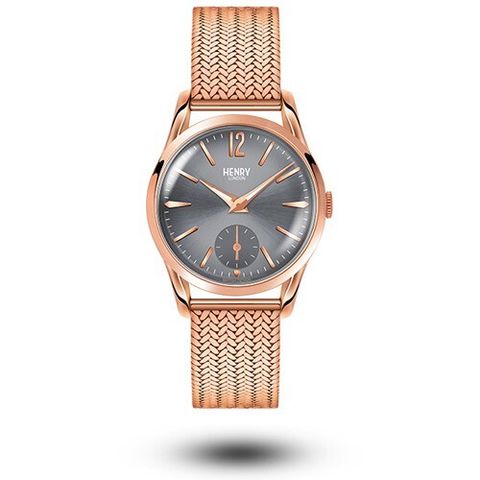 【贈質感包包】HENRY LONDON | HL30-UM-0116 | 英國設計師品牌手錶 鵝卵石灰面玫瑰金 復古造型米蘭帶女錶 正面