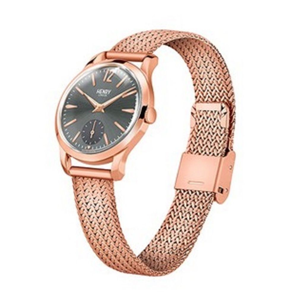 【贈質感包包】HENRY LONDON | HL30-UM-0116 | 英國設計師品牌手錶 鵝卵石灰面玫瑰金 復古造型米蘭帶女錶 側面