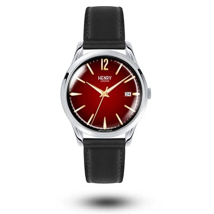 【贈質感包包】HENRY LONDON | HL39-S-0095 | 英國設計師品牌手錶 酒紅色錶面金色刻度 簡約真皮腕錶 正面