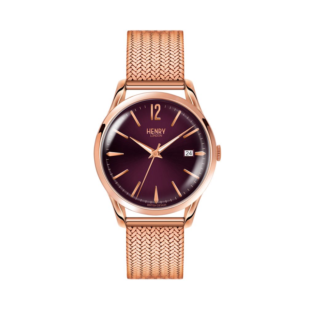 【贈質感包包】HENRY LONDON | HL39-M-0078 | 英國設計師品牌手錶 氣質深紫色錶面玫瑰金米蘭帶 典雅女錶 正面