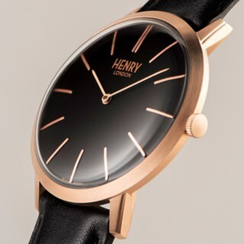 【贈質感包包】HENRY LONDON | HL34-S-0218 | 英國設計師品牌手錶 玫瑰金黑面黑色皮帶腕錶 錶面細節