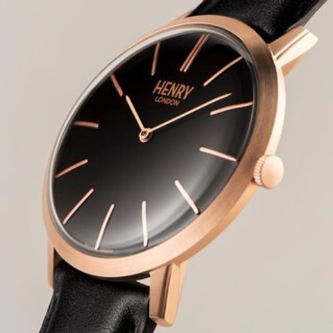 【贈質感包包】HENRY LONDON | HL34-S-0218 | 英國設計師品牌手錶 玫瑰金黑面黑色皮帶腕錶 錶面細節