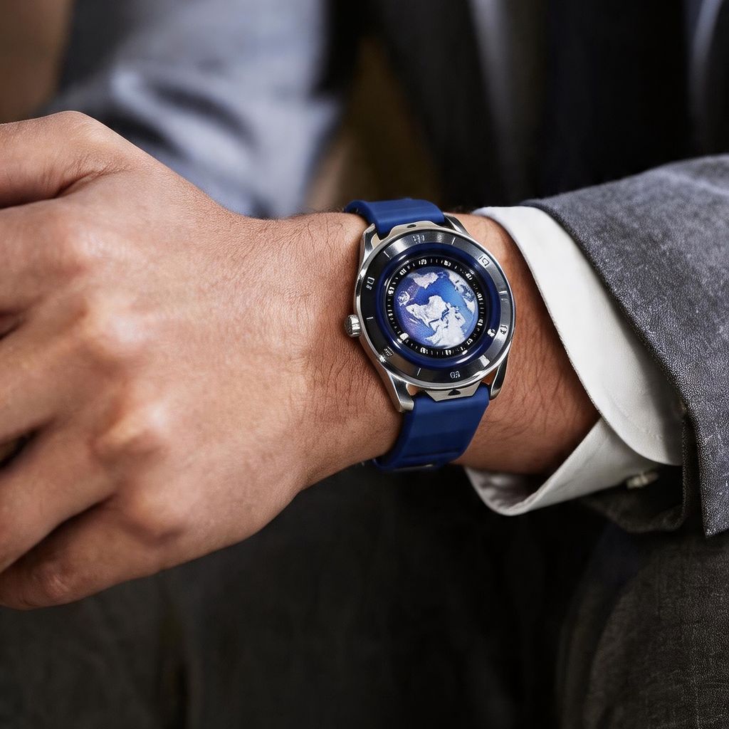 Benlydesign | 星球旅行者系列 MO.E地球 | 地球造型面盤 石英錶 藍色矽膠錶帶 實戴展示