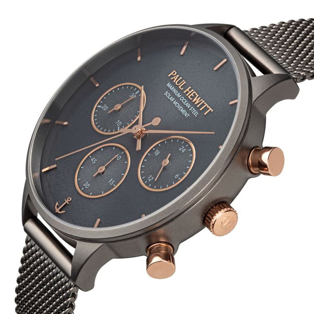 【贈質感包包】Paul Hewitt | PH-W-0311 | 德國設計師品牌 船錨造型 太陽能 灰色玫瑰金五金三眼計時米蘭帶女錶  錶面細節