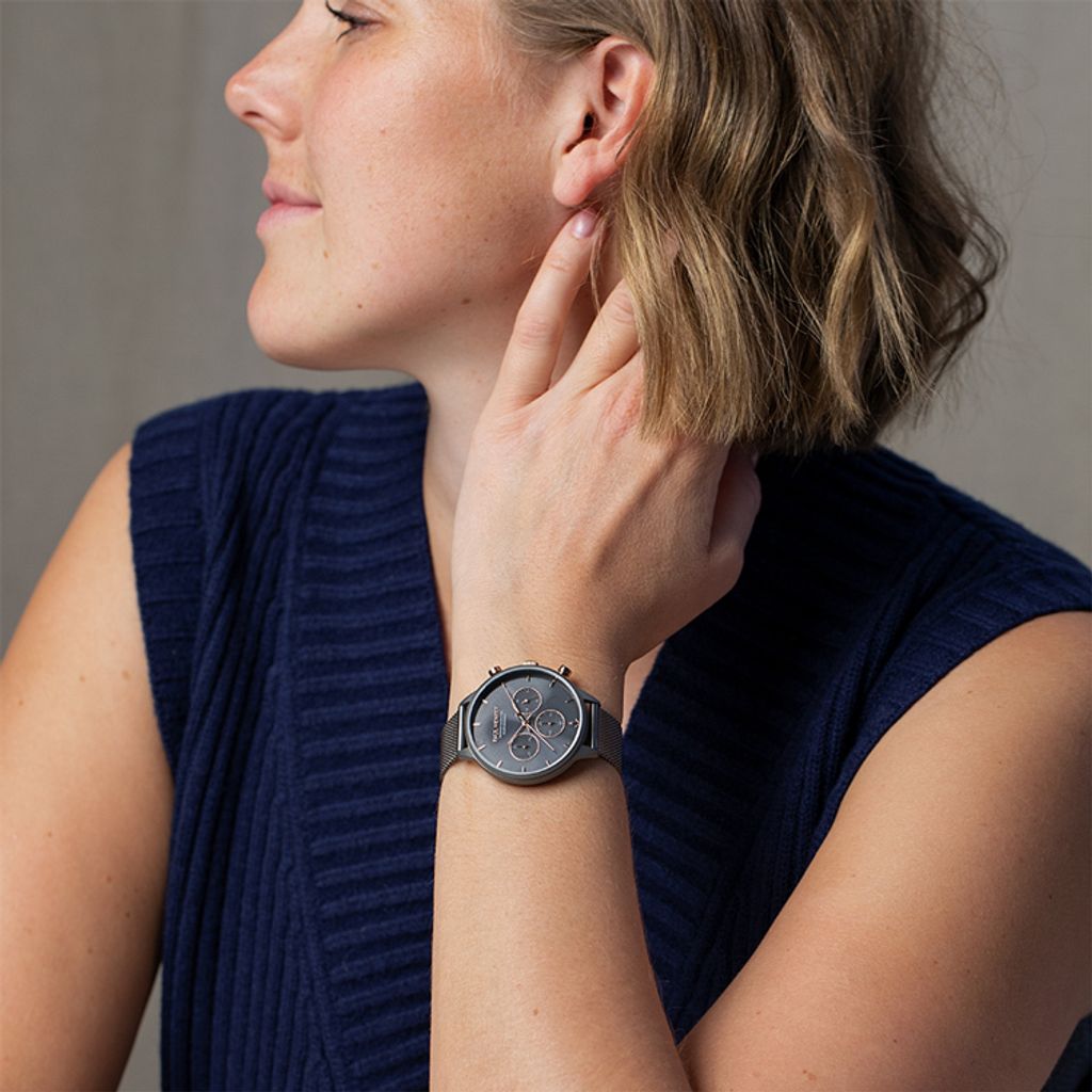 【贈質感包包】Paul Hewitt | PH-W-0311 | 德國設計師品牌 船錨造型 太陽能 灰色玫瑰金五金三眼計時米蘭帶女錶  實戴展示