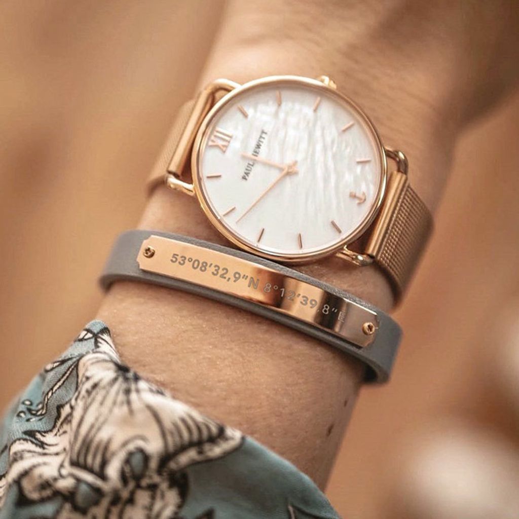 【贈質感包包】Paul Hewitt | Miss Ocean Line PH-M-R-P-4S | 海洋女神 玫瑰金珍珠母貝米蘭腕錶 實帶細節