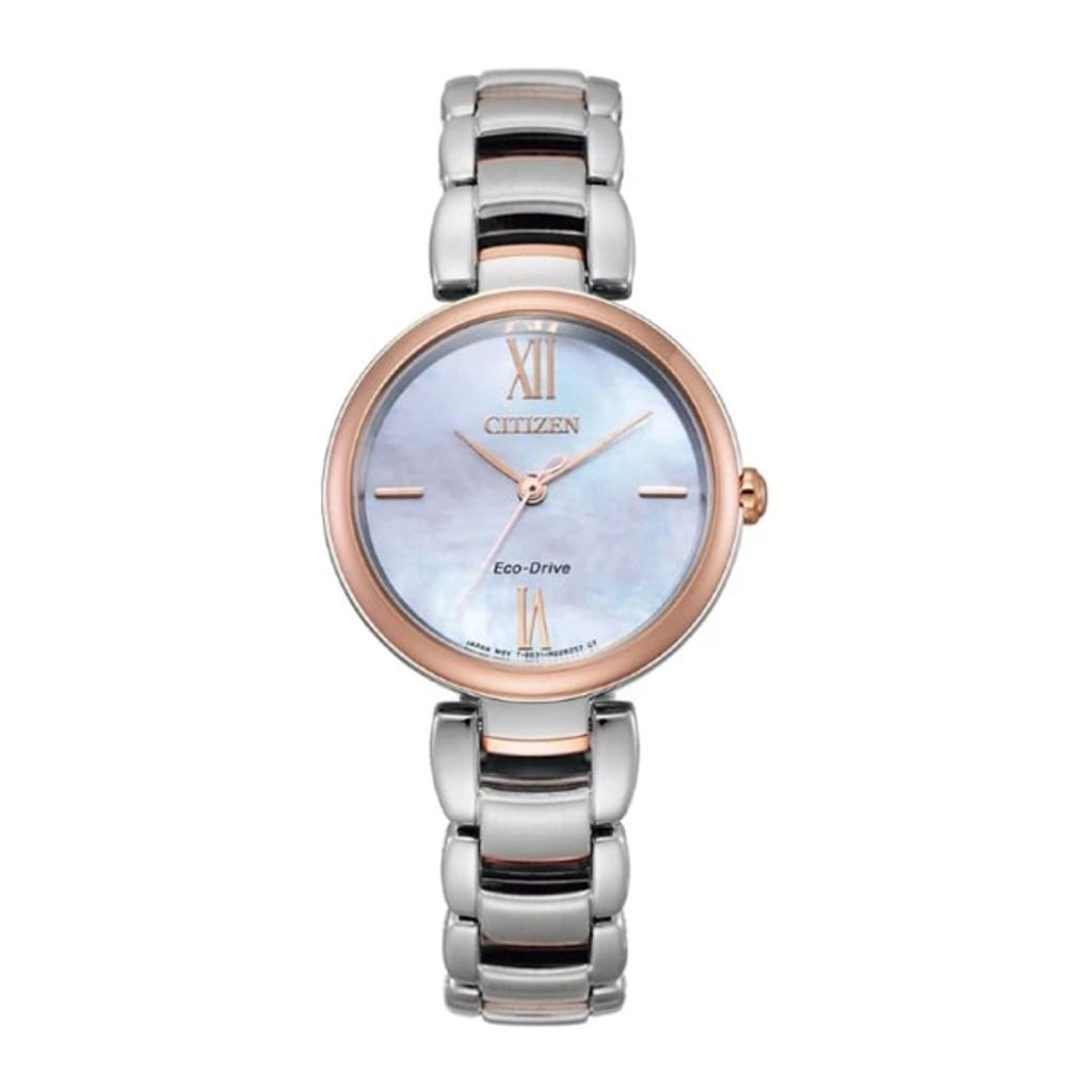 CITIZEN星辰 | L系列 EM0536-84Y | Eco-Drive 銀色錶帶 玫瑰金光動能時尚女錶 正面